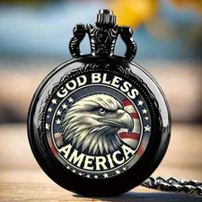 Patriotic Eagle Design Vintage Style Stainless Steel Pocket Watch, American Flag