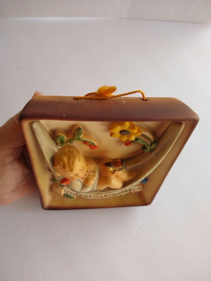 Sleeping Baby Plaque Lullaby Swaying in Tree Bird and Flowers Hummel Signed - Image 3 of 4