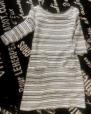 GAP Sz S Gray White Knit Striped DRESS Mini SHIFT Pullover Boat Neck 100% Cotton