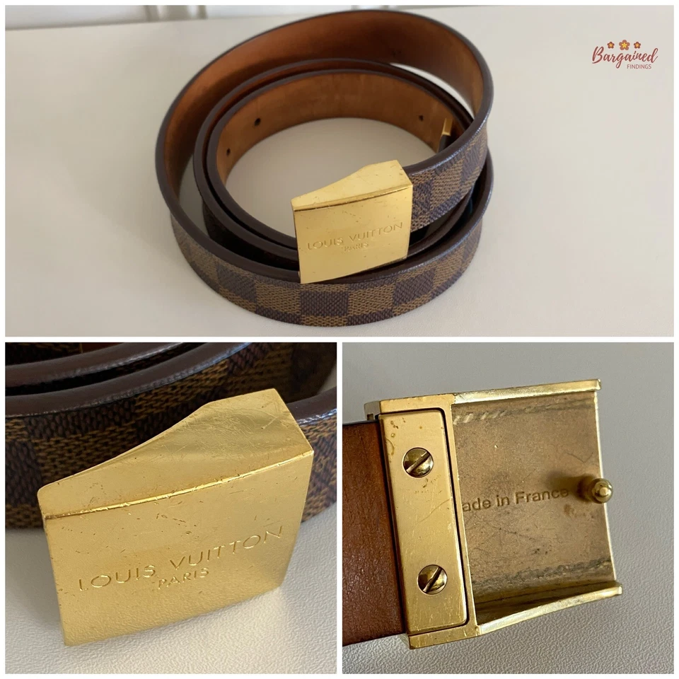 Auth Louis Vuitton Damier Ebene Coated Canvas Leather Gold Buckle Belt 110/44 - Image 2 of 4