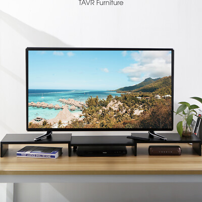 Dual Wood Monitor Riser with Length and Angle Adjustable 3 Shelf, Black
