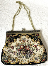 Vintage Purse Evening Clutch Bag Tapestry Gold Chain Black Interior Back