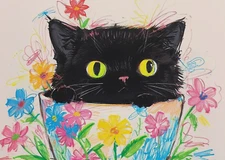 ACEO Mini *Art Print* Black Cat Baby Kitten Blue Yellow Pink Flowers by Saulite