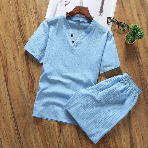 Herren Shorts Baumwolle Leinen Sommer Set 2er Set Kurzarm T-Shirt und Hose - Bild 13 von 30