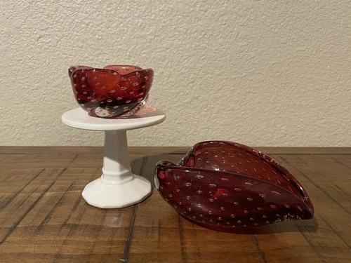 2 Vintage Murano Seguso Bullicante Cranberry Glass Bowls 1960’s