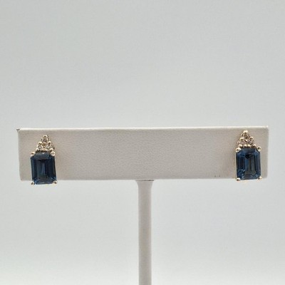 14K Gelbgold Smaragdschliff Dunkelblautopas & Diamant Schraubverschluss Ohrclips