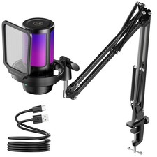 Gaming USB Microphone, Noise Cancellation Condenser Mic with Mute, Gain, RGB ...