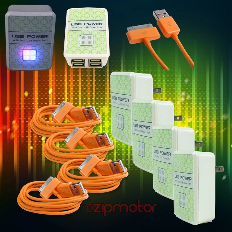 4X 4 USB ANSCHLÜSSE WANDADAPTER + 10 FUSS KABEL NETZTEIL LADEGERÄT DATEN ORANGE GALAXY TAB HINWEIS