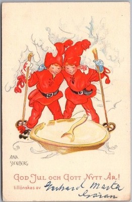 Artist-Signed AINA STENBERG 3''x4'' MINI Postcard Kids on Skis / Risgrynsgrot