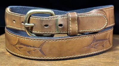 Leatherman Ltd Embossed Fish Canvas Back Sz38 1-1/4 Wide Brass Bkl USA Read Desc