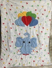 RED CALLIOPE Baby Crib Blanket Quilt 3D ELEPHANT Hearts Balloons Comforter Vtg