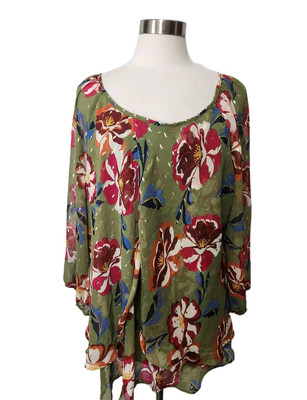 Tamara H Top Women 3X Green Floral Chiffon Lined 3/4 Sleeve Fly Away Front 