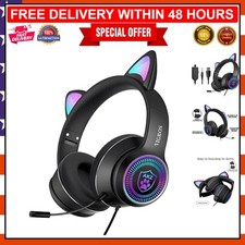 Cute Cat Ear LED Headphones for Gaming Music - Noise Isolation Lightweight