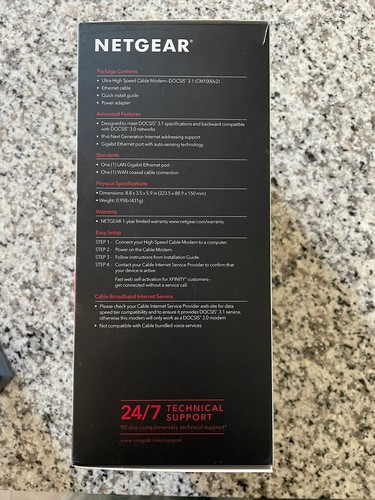 Szybki modem kablowy NETGEAR CM1000-100NAS - Comcast Xfinity Spectrum Cox - Zdjęcie 3 z 4