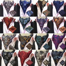 Men's Paisley Floral Geometric Pattern Cravat Ascot Tie Pocket Square Hanky Set