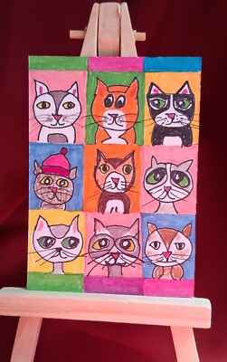 Original ACEO Art Card POP ART Kitty Cats 81 lives INK