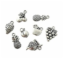 9 Assorted Small Silver Fruit Apple Strawberry Peach Cherry Bead Drop Charms