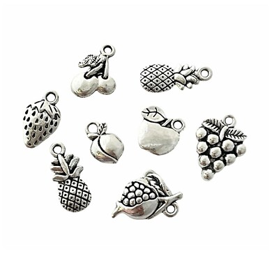9 Assorted Small Silver Fruit Apple Strawberry Peach Cherry Bead Drop Charms