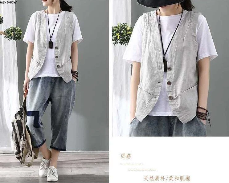 Ladies Women Casual Cotton Linen Vest Waistcoat Sleeveless Jackets Coats Comfort - Image 4 of 4