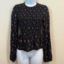 Divided Rosebud Floral Smocked Ruffle Long Sleeve Shirt Sz XS