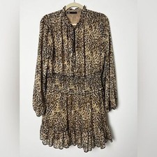 ZARA Women's Large Brown Tan Abstract Snakeskin Chiffon Smocked Boho Mini Dress