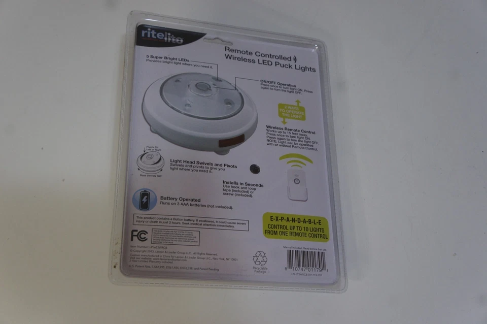 Rite Lite Remote Controlled Wireless LED Puck Lights Set of 2 Easy Install - Image 2 of 4