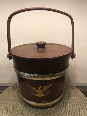 VINTAGE PUTNEY VERMONT BASKETVILLE WOODEN ICE BUCKET WITH LINER RUSTIC WOOD