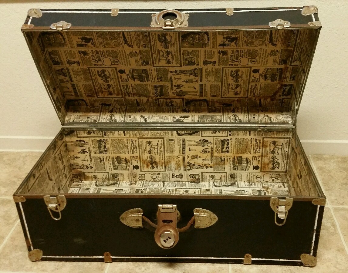 Vintage Black Coffee Table Trunk w/ Metal Corner & Edges Newspaper Lining 28"