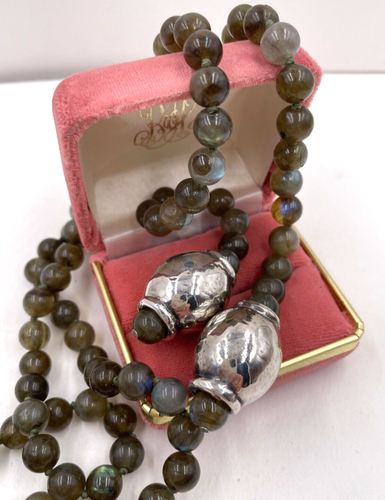 VNTG LARIAT NECKLACE TIE UPFRONT OR BACK LABRADORITE LRG STERLING SILVER PENDANT - Picture 5 of 11