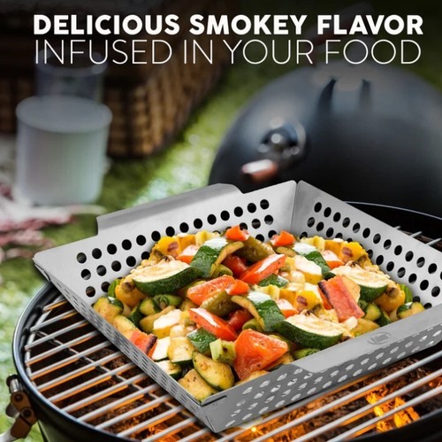 KALUNS BBQ Basket - For Grilling Vegetables, Heavy Duty, Stainless 12" x 12" x 2 - Picture 4 of 9