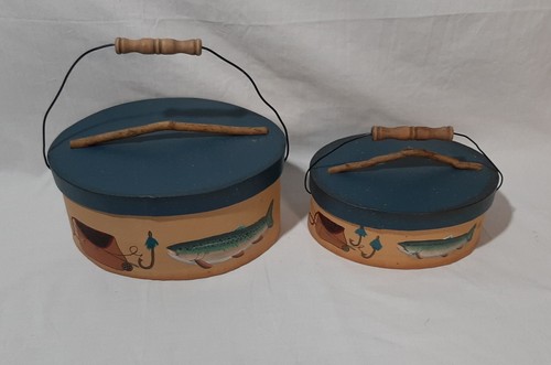 Vintage Set Of 2 Crazy Mountain Fishing Decor Nesting Boxes Handles Fish Hooks - Picture 1 of 2