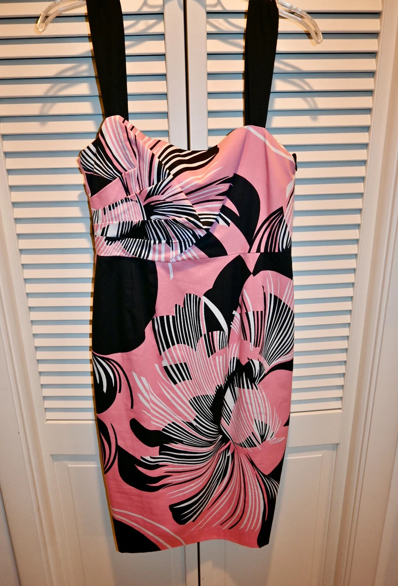 NWT 398 Elie TAHARI GINNY Couture Dress Sleeveless Sheath Black Pink Print 8