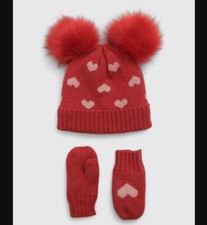 New toddler girl's XS/S Baby Gap Cashsoft red heart pom-pom beanie mittens set