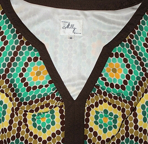 Milly of New York Green Brown Yellow Dress Glass Dot Honeycomb V Neck Silk M - Picture 6 of 6