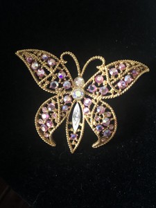 Kirks Folly 蝴蝶虹彩粉红色透明水钻金色胸针别针 Ebay