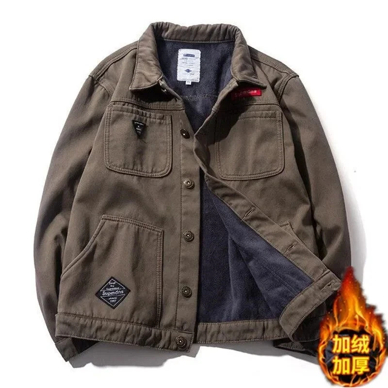Fashion Outdoor Men Thickened Fleece Denim Jacket Streetwear Warm Casual Coat Us