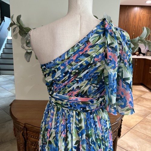 badgley mischka Women 2 blue floral chiffon one shoulder gown Maxi Dress G - Picture 11 of 12