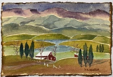 Pamela Wilhelm 4”X6” Original Watercolor On Tinted Paper Autumn Trees Barn Lake