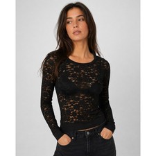 Black Sheer Lace Long Sleeve Top Womens Small Y2K Fitted Floral Mesh