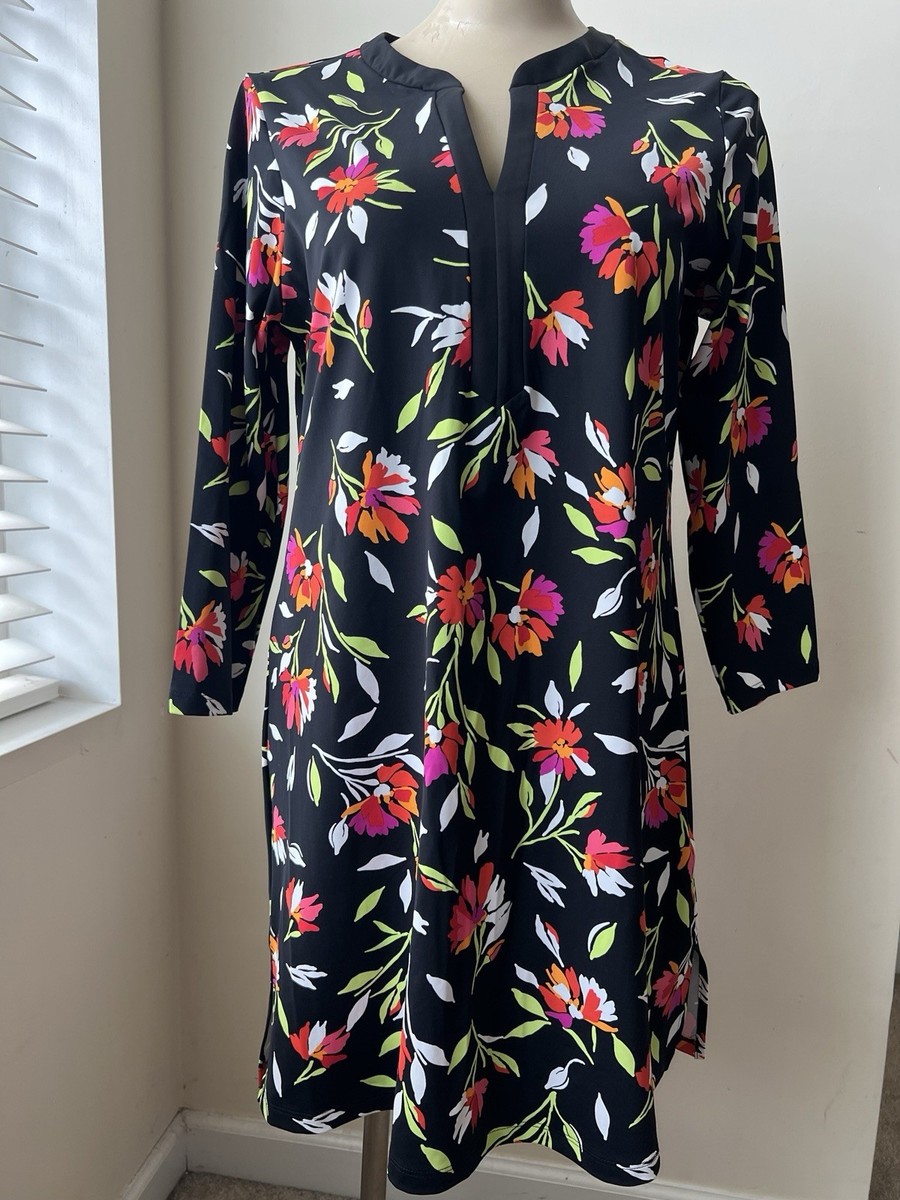 Lands End Women's MEDIUM Black Floral 3/4 Sleeve Midi Dress Swim Cover Up?  | eBay
