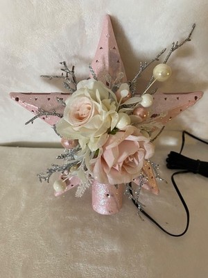 9'' SHABBY PINK LIGHTED STAR TREE TOPPER W PINK ROSES