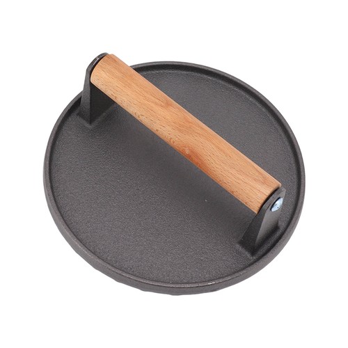 Grill Press Cast Iron Ridge Comfortable Wooden Handle Round Meat Press - Picture 14 of 22