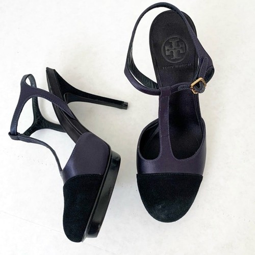 Tory Burch Mandy Navy Blue T-strap Suede Satin Platform Stiletto Leather Heels 8 - Picture 12 of 13