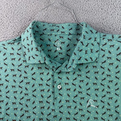 Rhoback Polo Shirt Men XL Teal Green Chocolate Lab Dog Polka Dot Performance