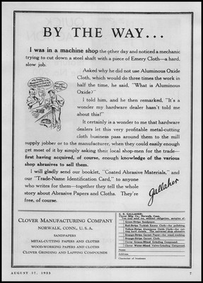 1924 Clover Mfg Co. Norwalk Connecticut Sandpapers Cloths E B Gallaher Print Ad