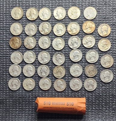 Roll of 40 Washington Quarters 90% Silver $10 Face Mixed Dates