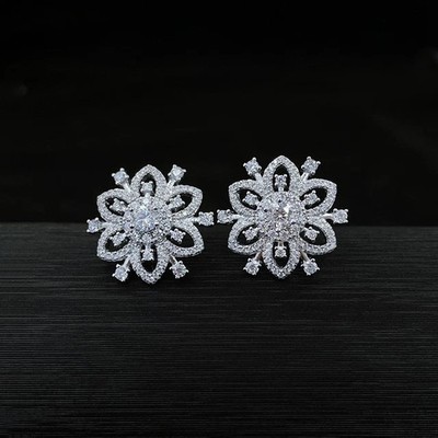 2.00Ct Round Cut Real Moissanite Snowflake Stud Earrings 14K White Gold Plated