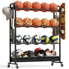Adjustable Basketball Rack with Wheels, 4-Tier Sports Ball Storage Cart for B...