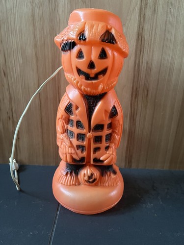 Vintage Halloween beleuchtete Blasform Tischplatte 13" groß Kürbis Hobo Vogelscheuche
