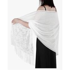 Ladiery Women White Lace Floral Shawl Tassel Fringe Wedding Evening Party Wrap